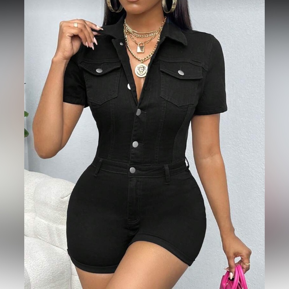 SHEIN Black Button-Up Romper